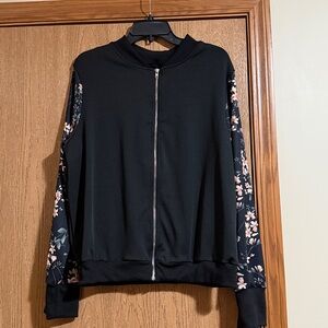 Black Floral Sleeve Zip-Up Jacket